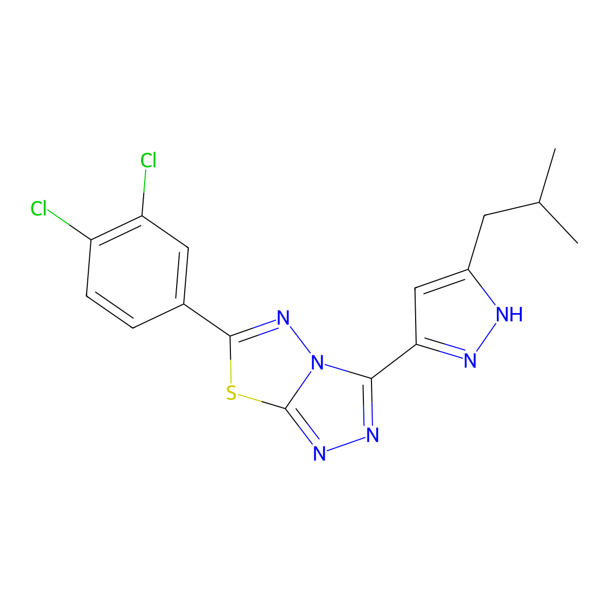6-(3,4-dichlorophenyl)-3-(3-isobutyl-1H-pyrazol-5-yl)[1,2,4]triazolo[3,4-b][1,3,4]thiadiazole molecular structure, CAS 1050285-74-9
