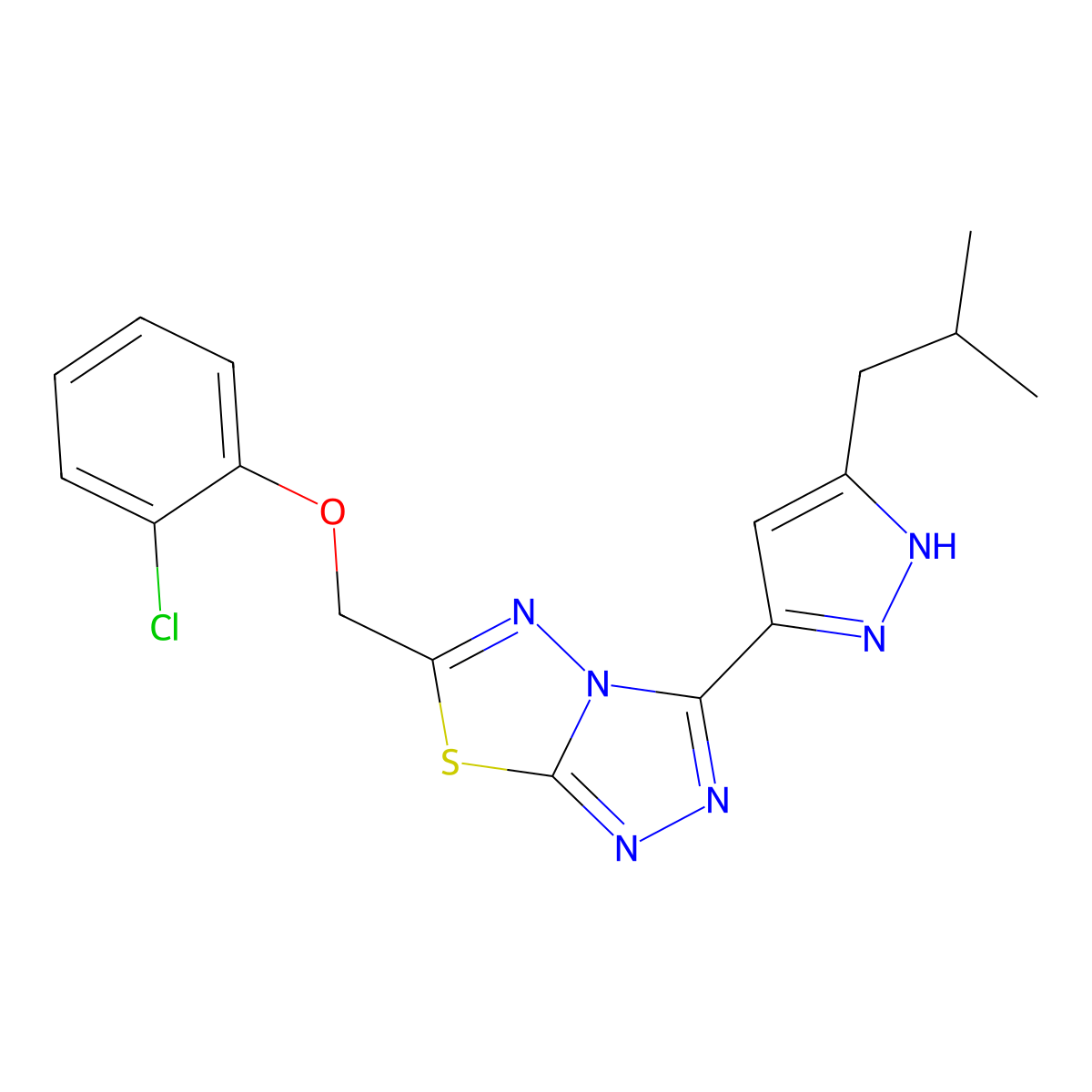 6-[(2-chlorophenoxy)methyl]-3-(3-isobutyl-1H-pyrazol-5-yl)[1,2,4]triazolo[3,4-b][1,3,4]thiadiazole molecular structure, CAS 1050287-24-5