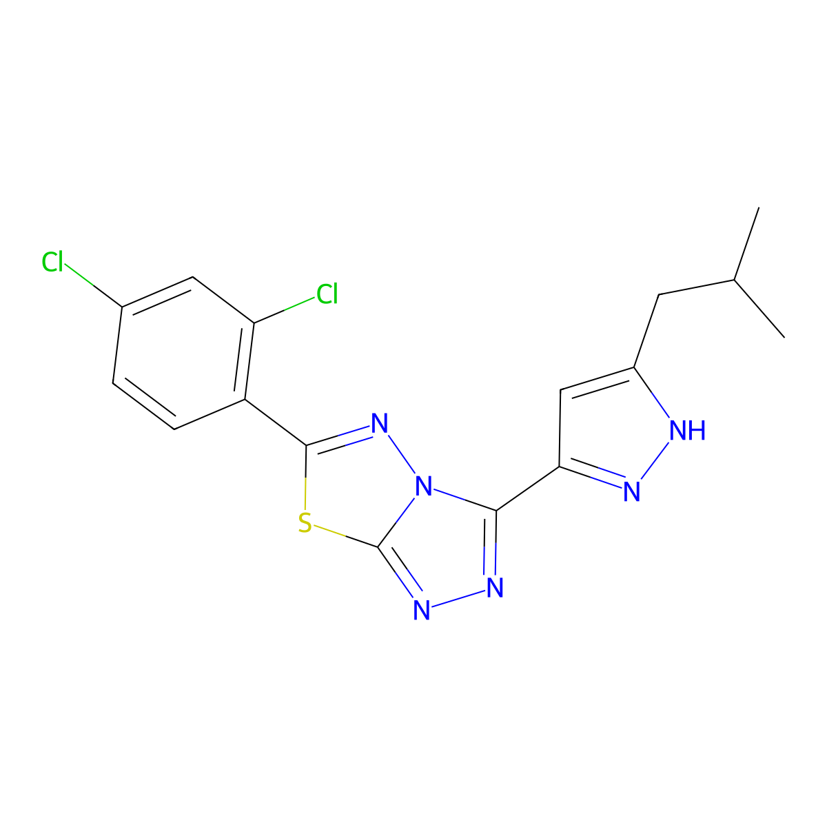 6-(2,4-dichlorophenyl)-3-(3-isobutyl-1H-pyrazol-5-yl)[1,2,4]triazolo[3,4-b][1,3,4]thiadiazole molecular structure, CAS 1050287-51-8
