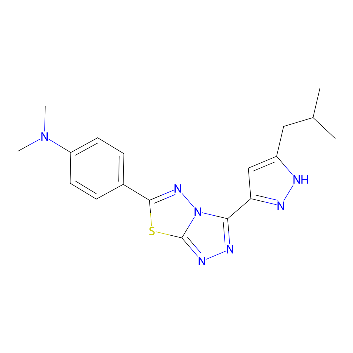 {4-[3-(3-isobutyl-1H-pyrazol-5-yl)[1,2,4]triazolo[3,4-b][1,3,4]thiadiazol-6-yl]phenyl}dimethylamine molecular structure, CAS 1050290-35-1