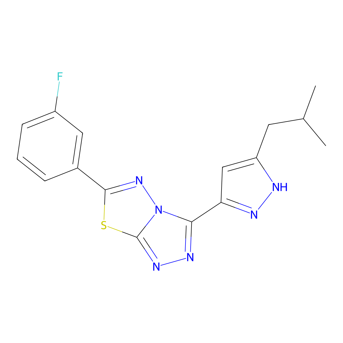 6-(3-fluorophenyl)-3-(3-isobutyl-1H-pyrazol-5-yl)[1,2,4]triazolo[3,4-b][1,3,4]thiadiazole molecular structure, CAS 1050325-99-9