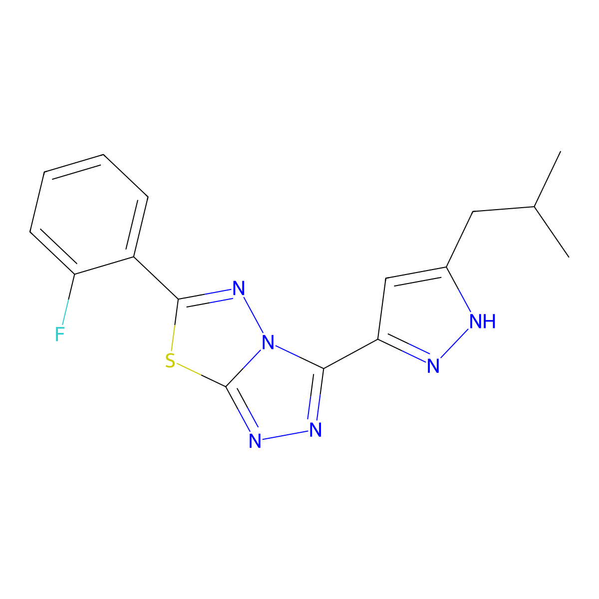 6-(2-fluorophenyl)-3-(3-isobutyl-1H-pyrazol-5-yl)[1,2,4]triazolo[3,4-b][1,3,4]thiadiazole molecular structure, CAS 1050329-50-4