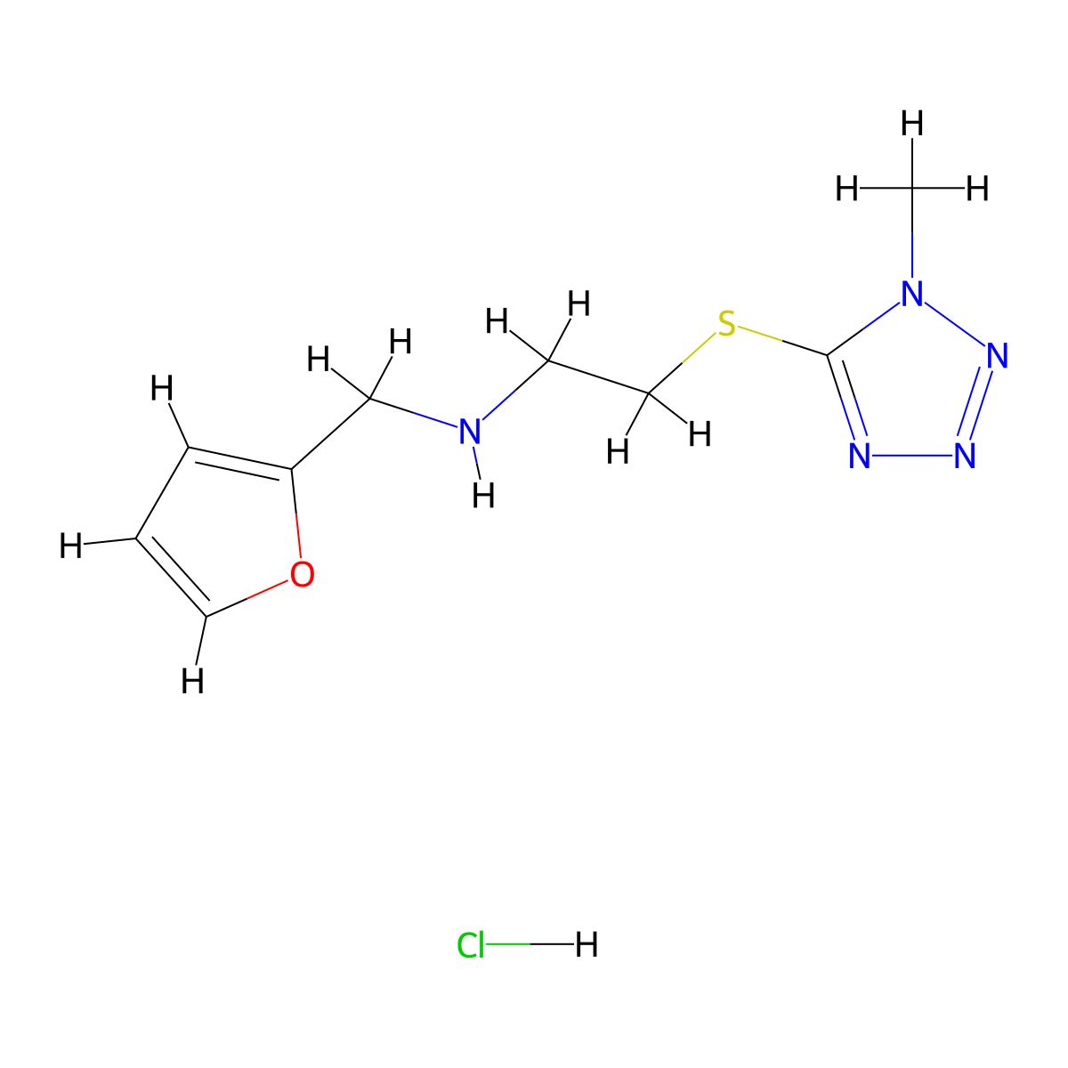 N-(furan-2-ylmethyl)-2-(1-methyltetrazol-5-yl)sulfanylethanamine;hydrochloride molecular structure, CAS 1050480-38-0