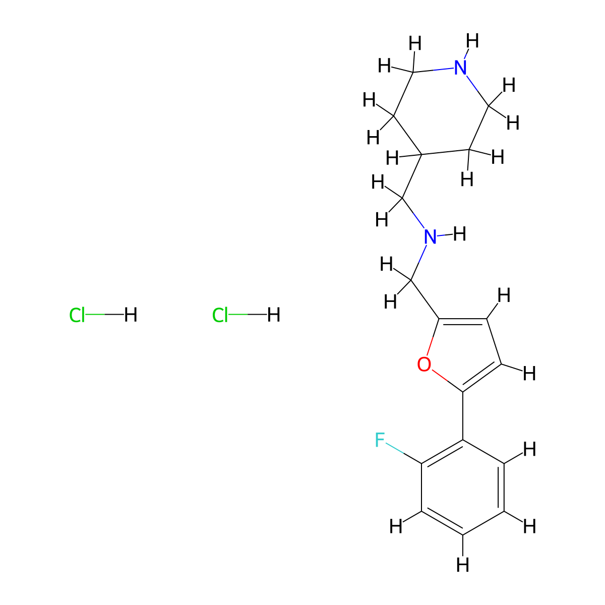 {[5-(2-Fluorophenyl)-2-furyl]methyl}(piperidin-4-ylmethyl)amine dihydrochloride molecular structure, CAS 1050508-79-6