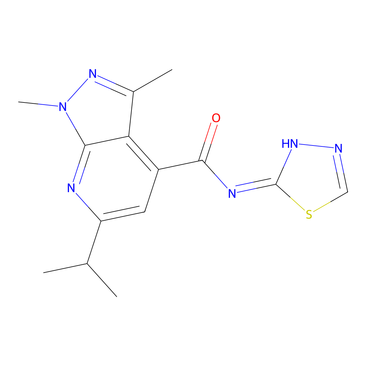 1,3-dimethyl-6-(propan-2-yl)-N-(1,3,4-thiadiazol-2-yl)-1H-pyrazolo[3,4-b]pyridine-4-carboxamide molecular structure, CAS 1050540-10-7