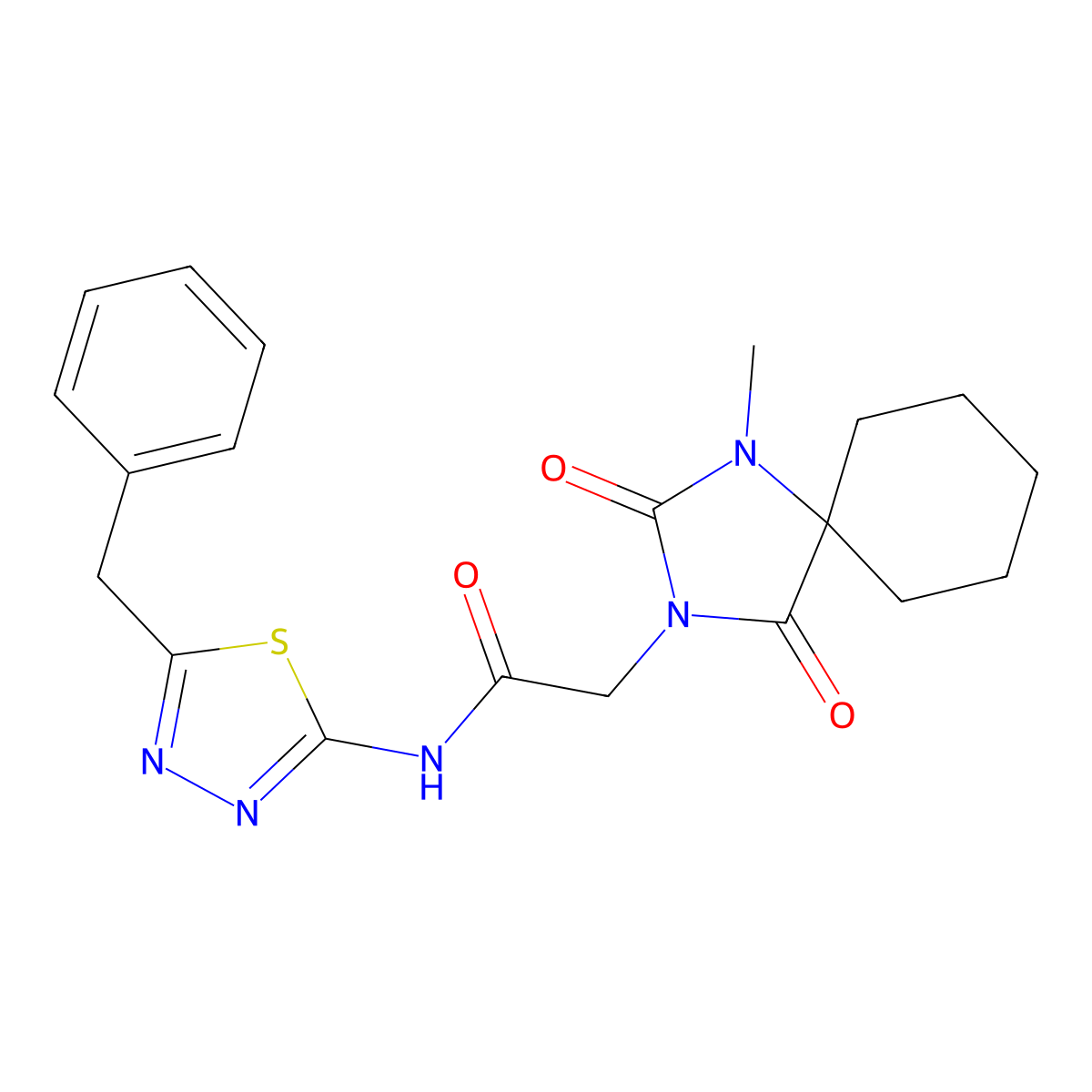 N-(5-benzyl-1,3,4-thiadiazol-2-yl)-2-(1-methyl-2,4-dioxo-1,3-diazaspiro[4.5]dec-3-yl)acetamide molecular structure, CAS 1050614-82-8