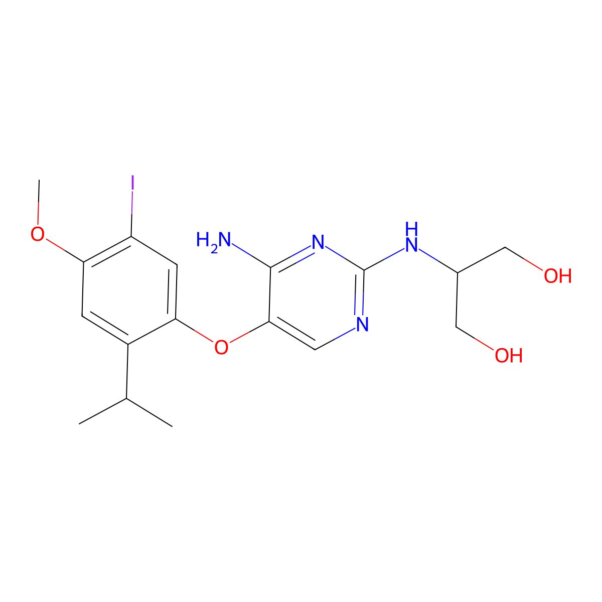 2-((4-Amino-5-(5-iodo-2-isopropyl-4-methoxyphenoxy)pyrimidin-2-yl)amino)propane-1,3-diol molecular structure, CAS 1050670-85-3