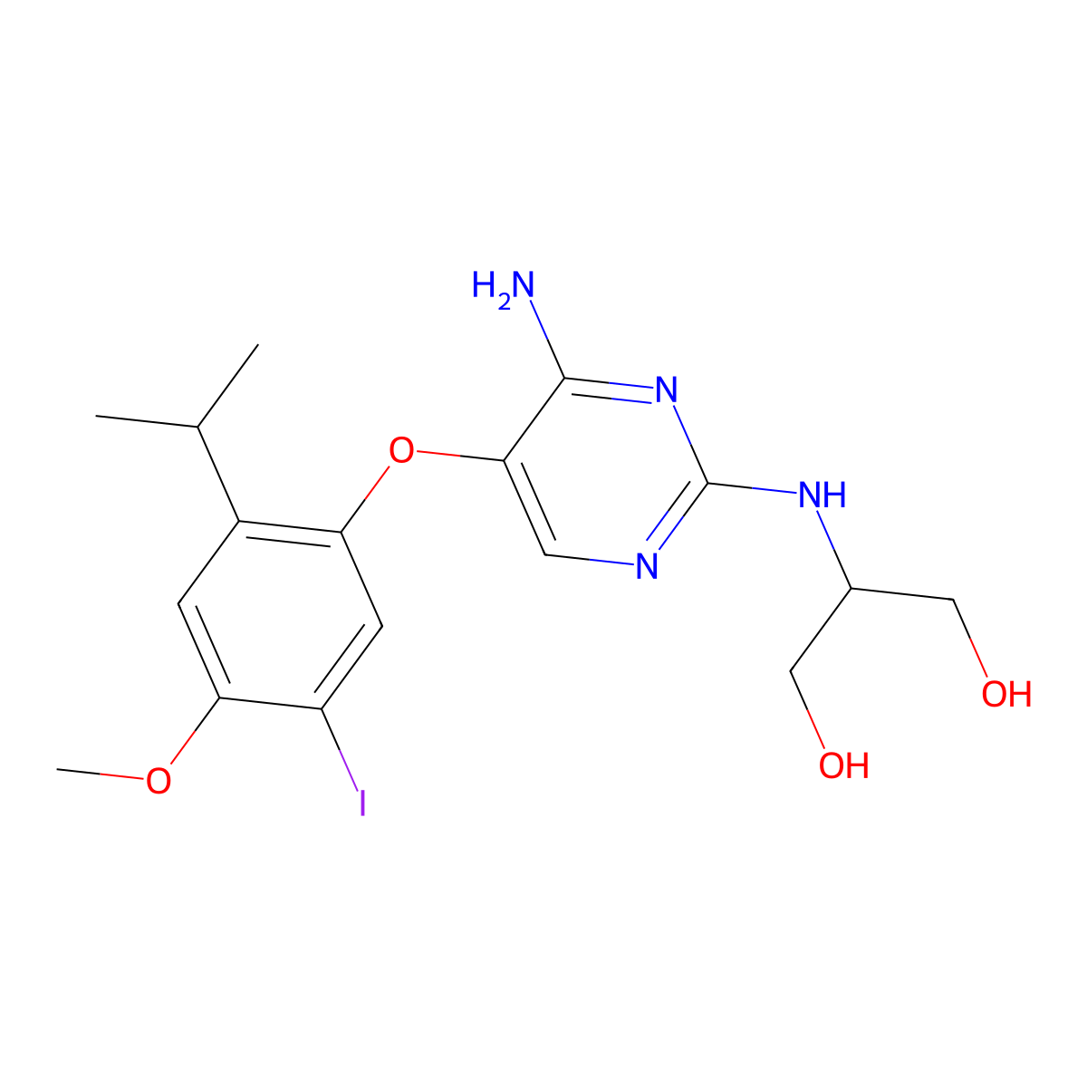 2-((4-Amino-5-(5-iodo-2-isopropyl-4-methoxyphenoxy)pyrimidin-2-yl)amino)propane-1,3-diol molecular structure, CAS 1050670-85-3