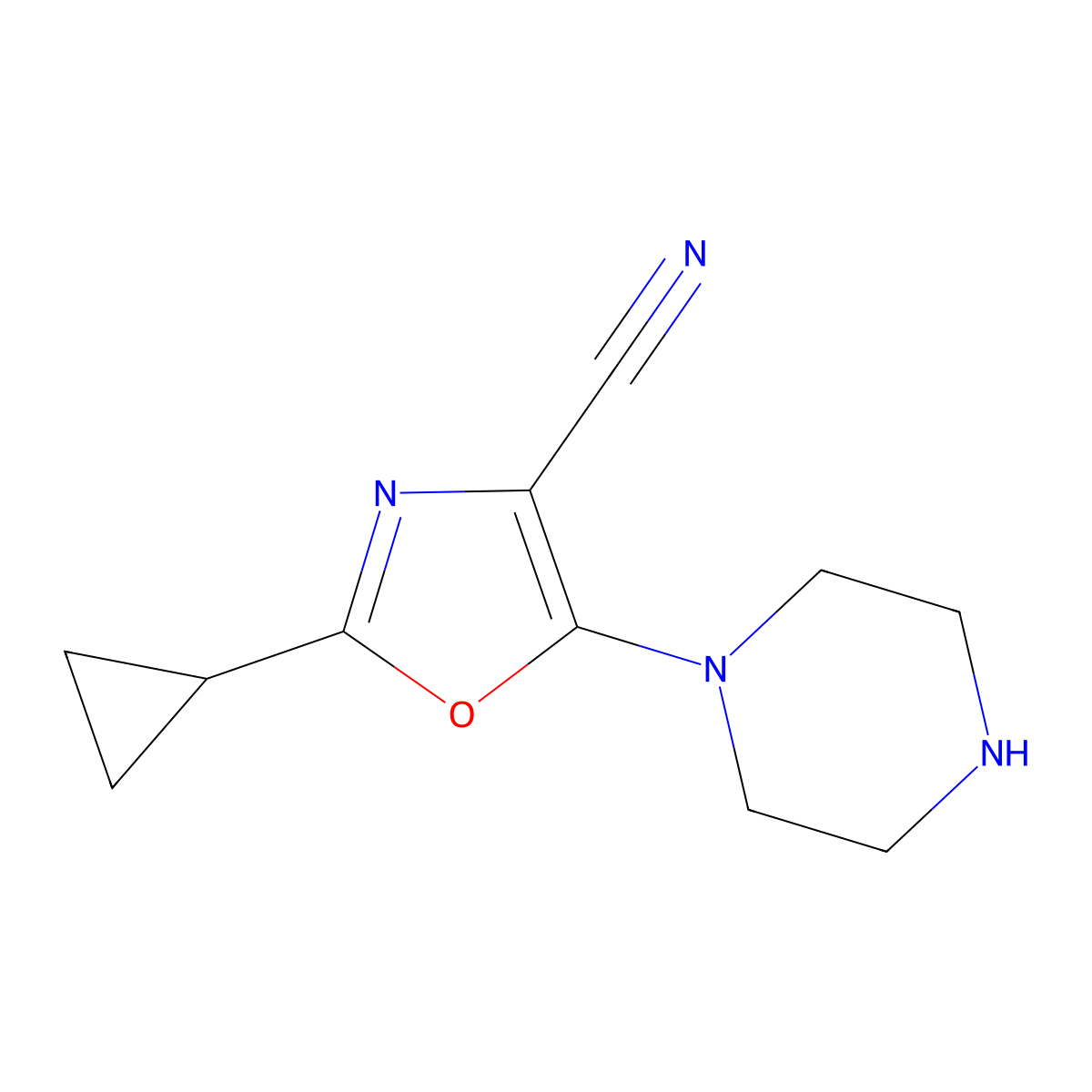 2-Cyclopropyl-5-(piperazin-1-YL)-1,3-oxazole-4-carbonitrile molecular structure, CAS 1050910-59-2