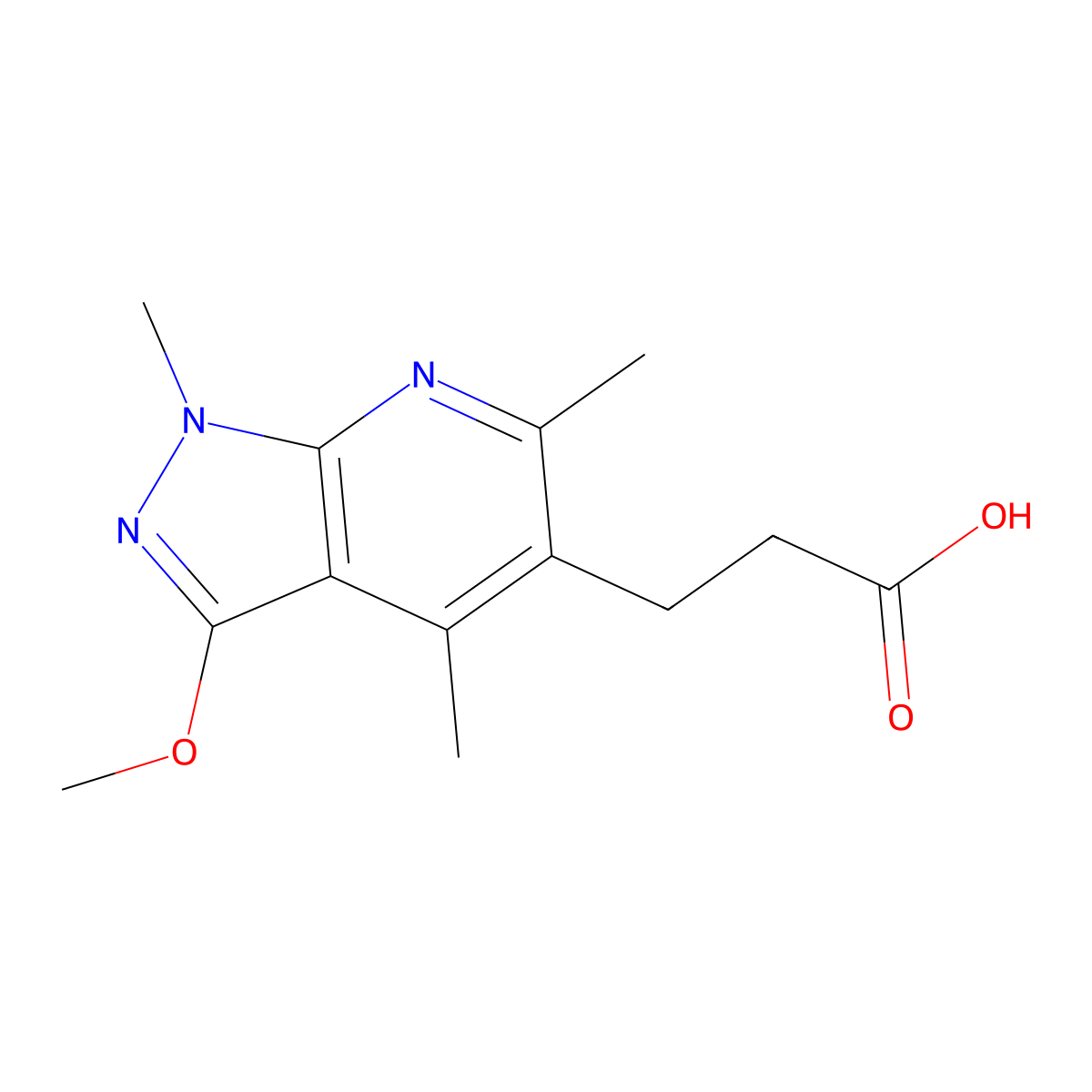 3-{3-methoxy-1,4,6-trimethyl-1H-pyrazolo[3,4-b]pyridin-5-yl}propanoic acid molecular structure, CAS 1050911-20-0