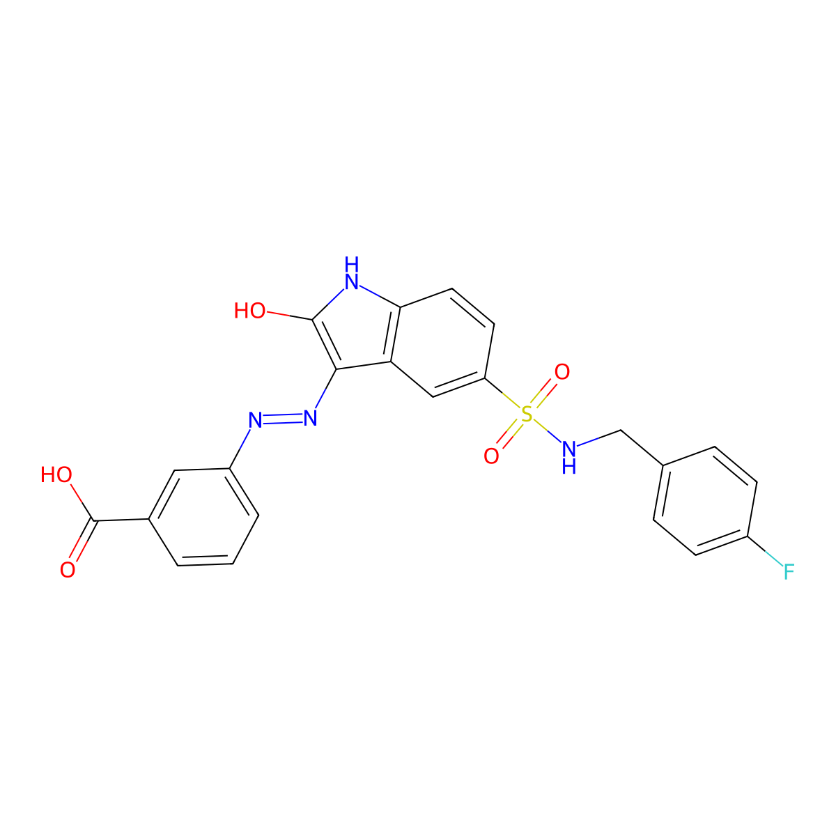 (Z)-3-(2-(5-(N-(4-Fluorobenzyl)sulfamoyl)-2-oxoindolin-3-ylidene)hydrazinyl)benzoic Acid molecular structure, CAS 1051387-90-6