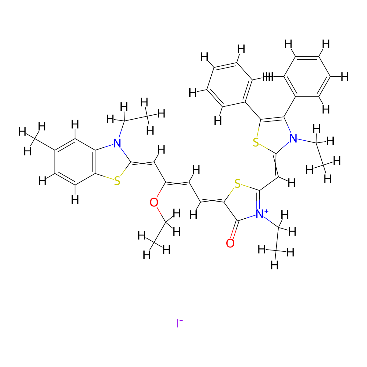 5-[3-Ethoxy-4-(3-ethyl-5-methyl-1,3-benzothiazol-2(3H)-ylidene)but-2-en-1-ylidene]-3-ethyl-2-[(3-ethyl-4,5-diphenyl-1,3-thiazol-2(3H)-ylidene)methyl]-4-oxo-4,5-dihydro-1,3-thiazol-3-ium iodide molecular structure, CAS 105176-22-5