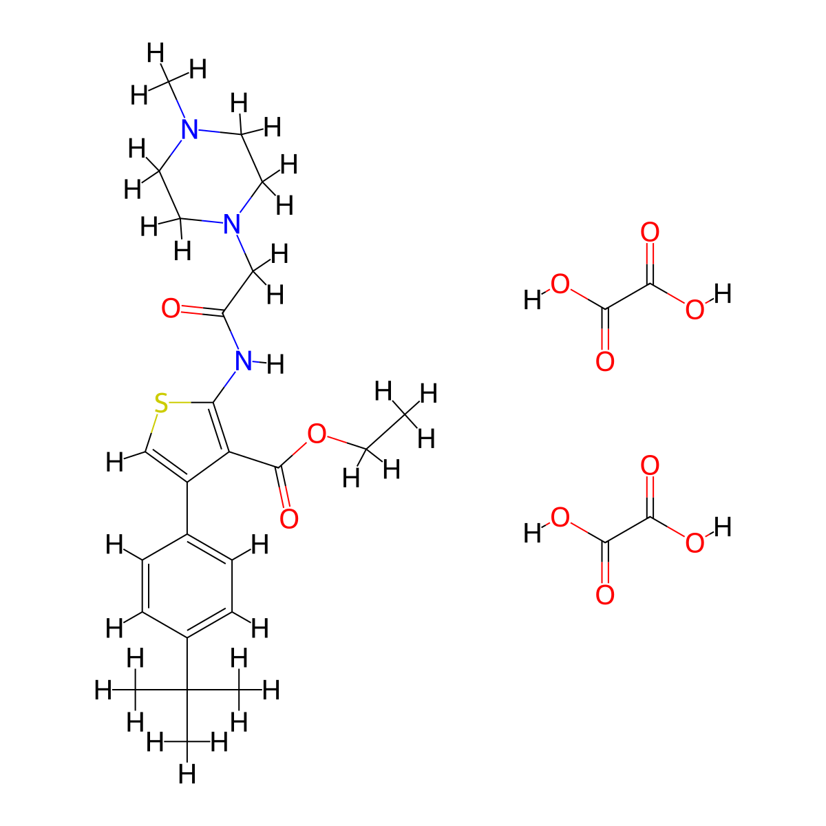 Ethyl 4-(4-(tert-butyl)phenyl)-2-(2-(4-methylpiperazin-1-yl)acetamido)thiophene-3-carboxylate dioxalate molecular structure, CAS 1051931-24-8