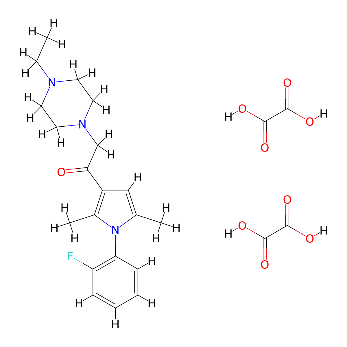 2-(4-ethylpiperazin-1-yl)-1-(1-(2-fluorophenyl)-2,5-dimethyl-1H-pyrrol-3-yl)ethanone dioxalate molecular structure, CAS 1051931-25-9