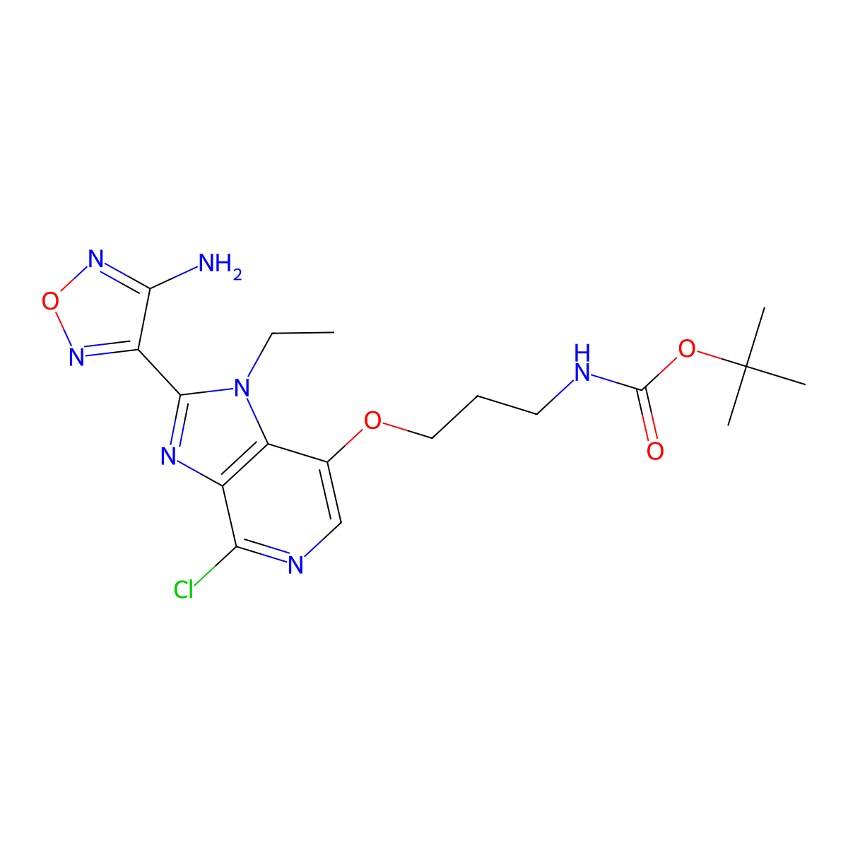 tert-Butyl 3-(2-(4-amino-1,2,5-oxadiazol-3-yl)-4-chloro-1-ethyl-1H-imidazo[4,5-c]pyridin-7-yloxy)propylcarbamate molecular structure, CAS 1052112-24-9