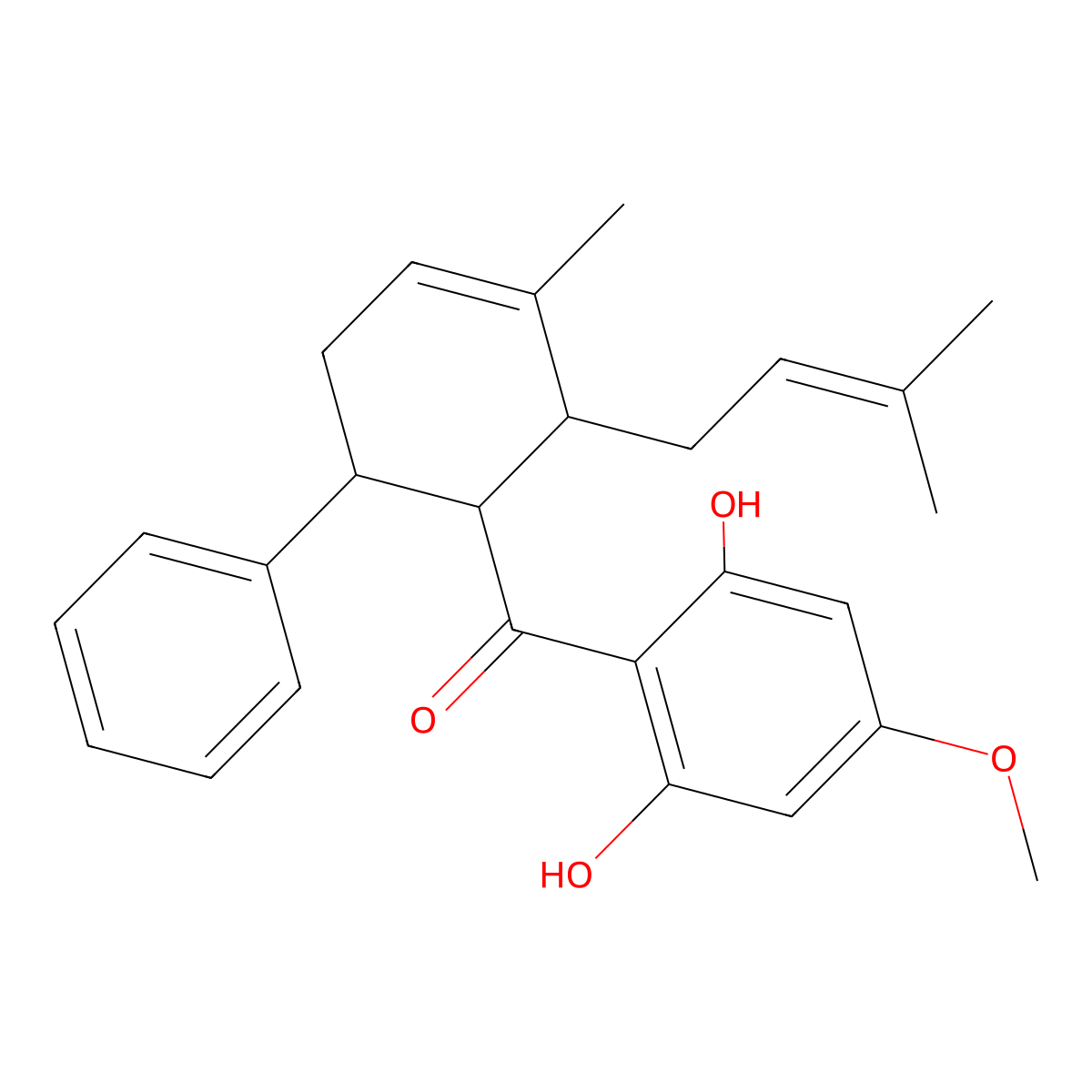 Methanone, (2,6-dihydroxy-4-methoxyphenyl)[(1R,2R,6R)-3-methyl-2-(3-methyl-2-butenyl)-6-phenyl-3-cyclohexen-1-yl]-, rel- molecular structure, CAS 1052164-78-9