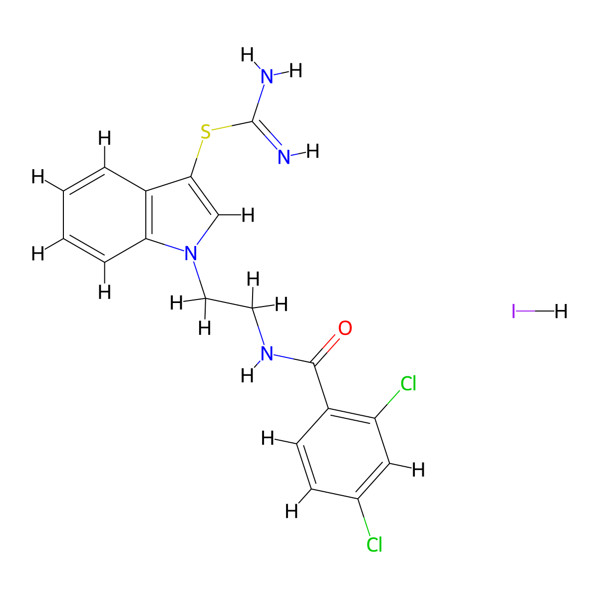 1-(2-(2,4-dichlorobenzamido)ethyl)-1H-indol-3-yl carbamimidothioate hydroiodide molecular structure, CAS 1052407-40-5