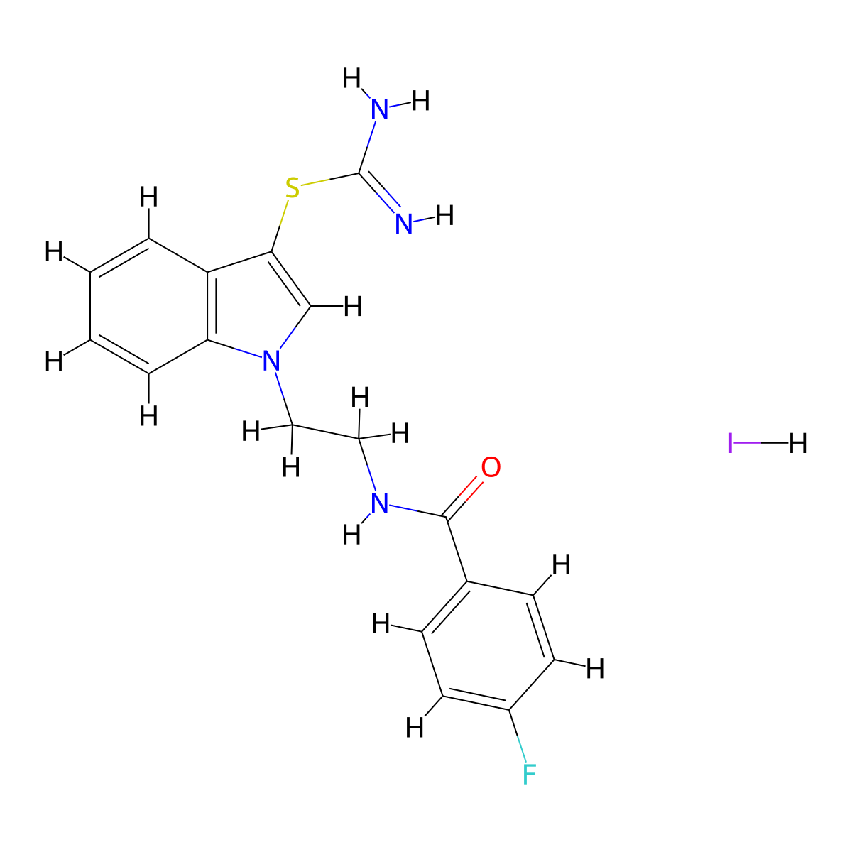 1-(2-(4-fluorobenzamido)ethyl)-1H-indol-3-yl carbamimidothioate hydroiodide molecular structure, CAS 1052410-04-4