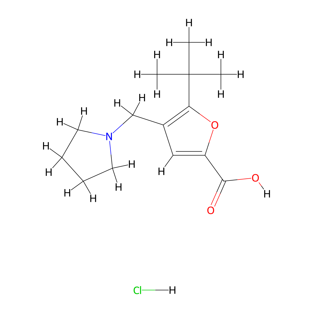 5-Tert-butyl-4-pyrrolidin-1-ylmethyl-furan-2-carboxylic acid hydrochloride molecular structure, CAS 1052414-84-2