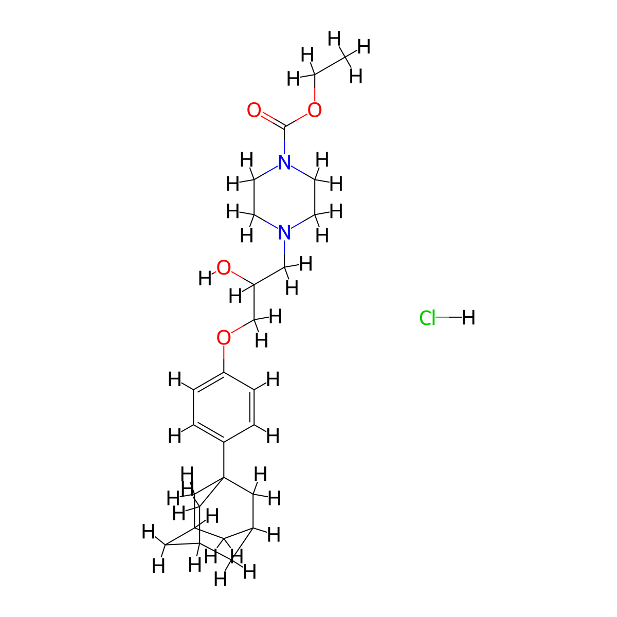Ethyl 4-(3-(4-((3r,5r,7r)-adamantan-1-yl)phenoxy)-2-hydroxypropyl)piperazine-1-carboxylate hydrochloride molecular structure, CAS 1052417-92-1