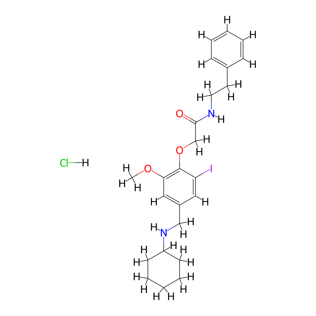 2-[4-[(cyclohexylamino)methyl]-2-iodo-6-methoxyphenoxy]-N-(2-phenylethyl)acetamide;hydrochloride molecular structure, CAS 1052508-51-6