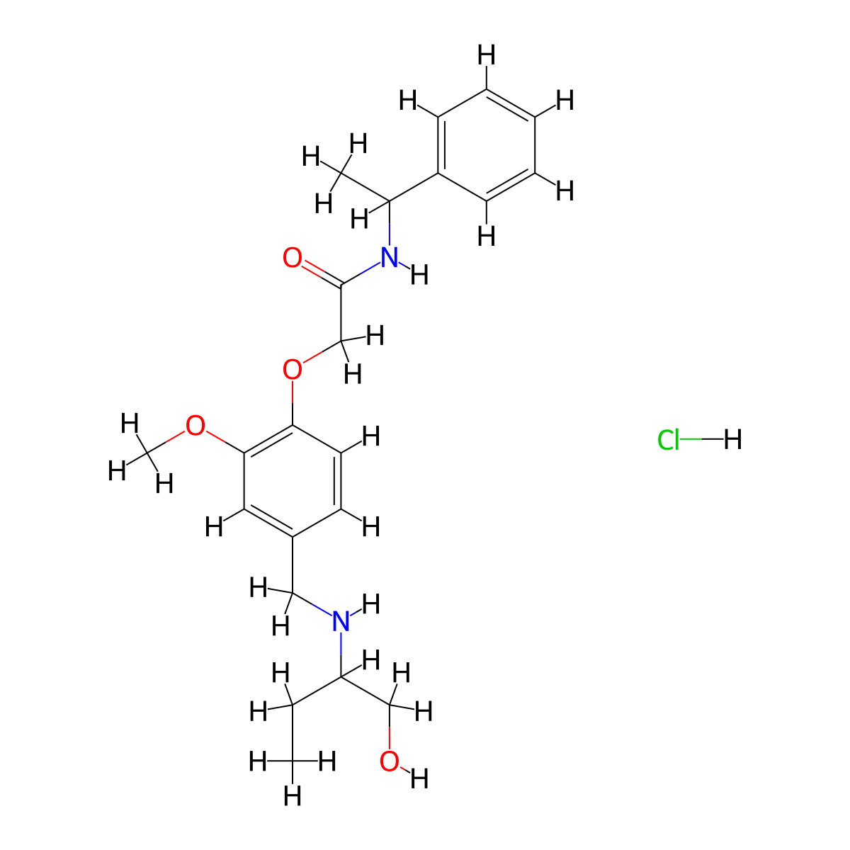 2-[4-[(1-hydroxybutan-2-ylamino)methyl]-2-methoxyphenoxy]-N-(1-phenylethyl)acetamide;hydrochloride molecular structure, CAS 1052509-38-2
