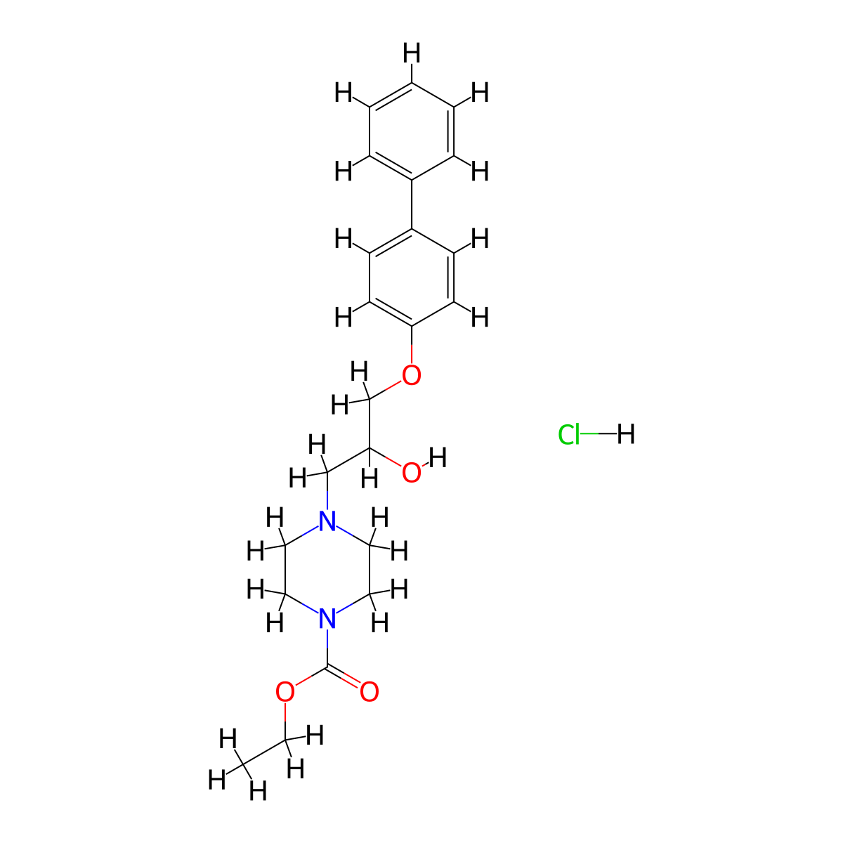 Ethyl 4-(3-([1,1'-biphenyl]-4-yloxy)-2-hydroxypropyl)piperazine-1-carboxylate hydrochloride molecular structure, CAS 1052510-90-3