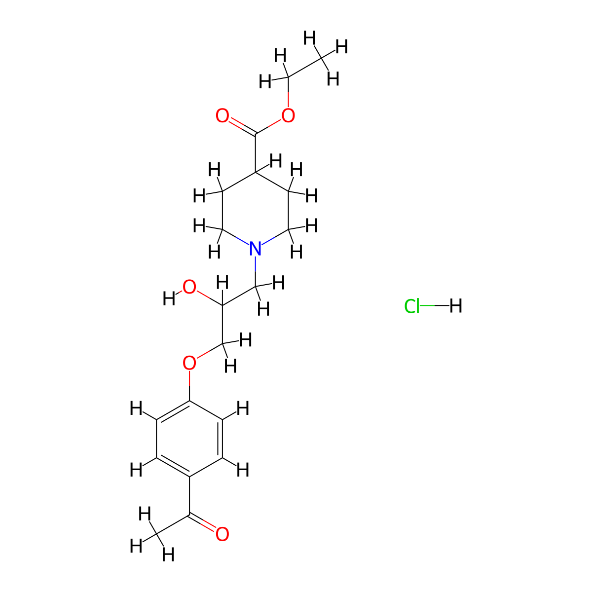 Ethyl 1-(3-(4-acetylphenoxy)-2-hydroxypropyl)piperidine-4-carboxylate hydrochloride molecular structure, CAS 1052526-04-1