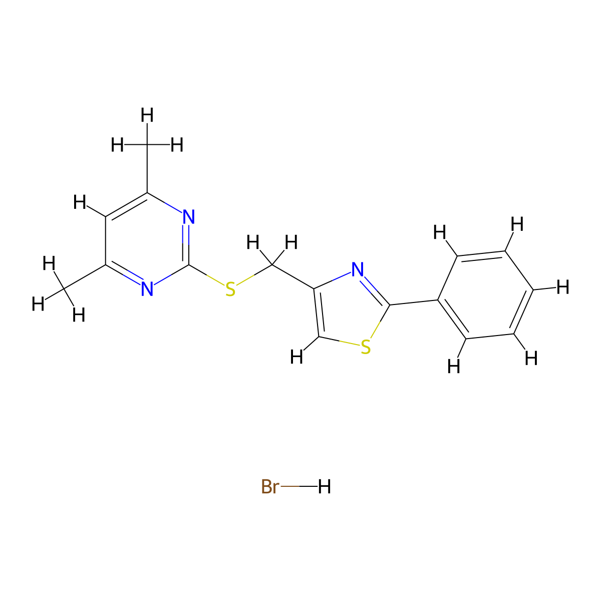 4-(((4,6-Dimethylpyrimidin-2-yl)thio)methyl)-2-phenylthiazole hydrobromide molecular structure, CAS 1052529-08-4