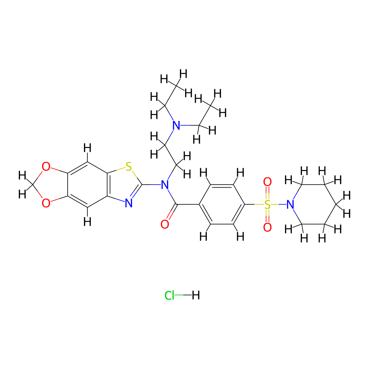 N-([1,3]dioxolo[4',5':4,5]benzo[1,2-d]thiazol-6-yl)-N-(2-(diethylamino)ethyl)-4-(piperidin-1-ylsulfonyl)benzamide hydrochloride molecular structure, CAS 1052530-94-5
