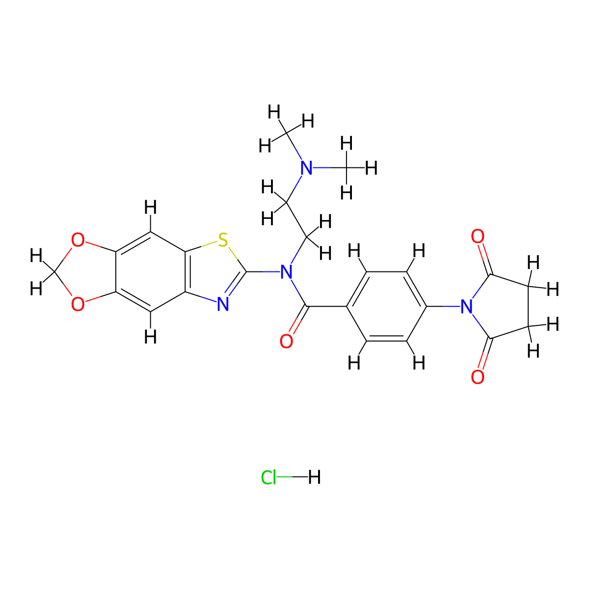 N-([1,3]dioxolo[4',5':4,5]benzo[1,2-d]thiazol-6-yl)-N-(2-(dimethylamino)ethyl)-4-(2,5-dioxopyrrolidin-1-yl)benzamide hydrochloride molecular structure, CAS 1052531-15-3