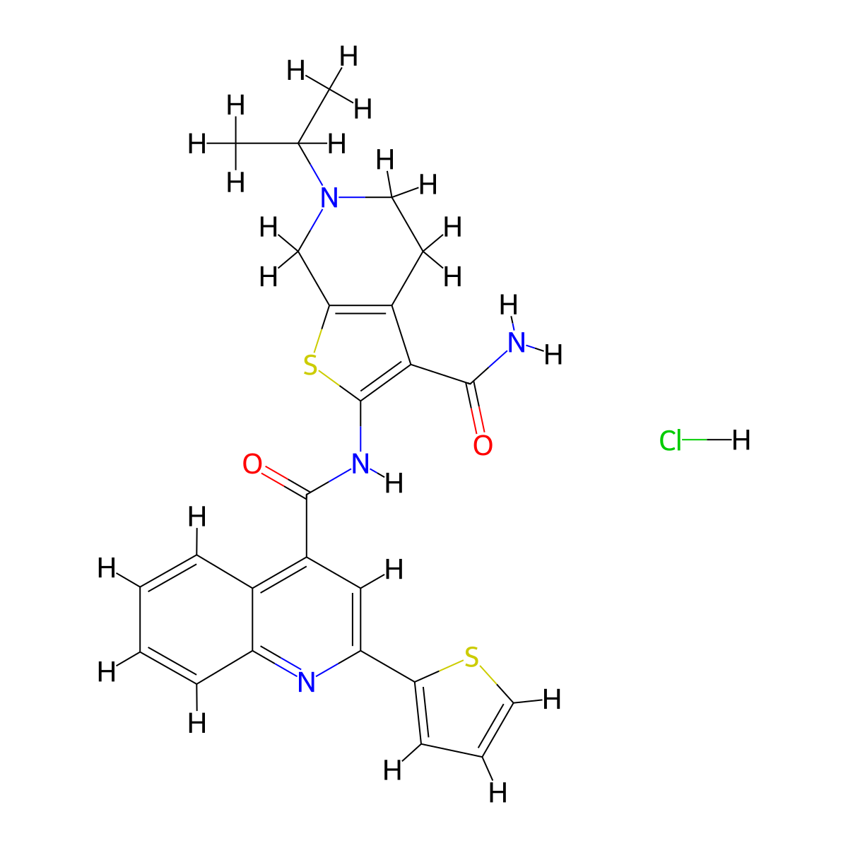 6-Isopropyl-2-(2-(thiophen-2-yl)quinoline-4-carboxamido)-4,5,6,7-tetrahydrothieno[2,3-c]pyridine-3-carboxamide hydrochloride molecular structure, CAS 1052531-46-0