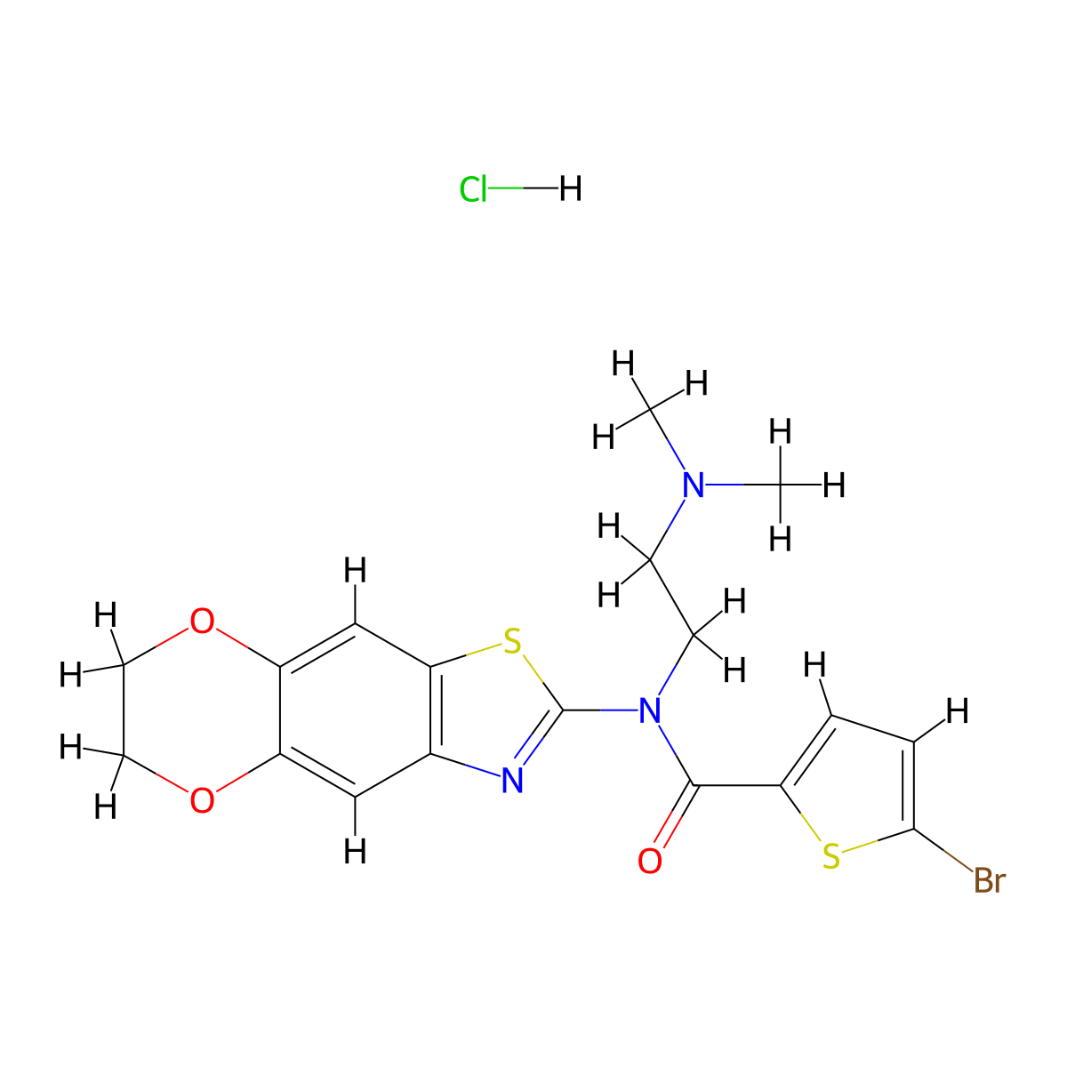 5-bromo-N-(6,7-dihydro-[1,4]dioxino[2',3':4,5]benzo[1,2-d]thiazol-2-yl)-N-(2-(dimethylamino)ethyl)thiophene-2-carboxamide hydrochloride molecular structure, CAS 1052531-78-8