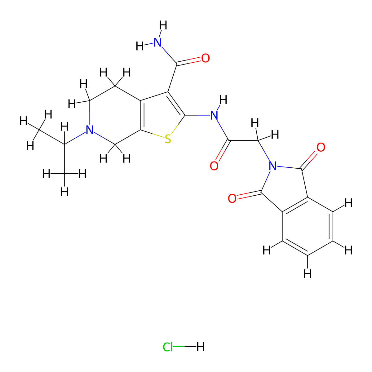 2-(2-(1,3-Dioxoisoindolin-2-yl)acetamido)-6-isopropyl-4,5,6,7-tetrahydrothieno[2,3-c]pyridine-3-carboxamide hydrochloride molecular structure, CAS 1052532-23-6