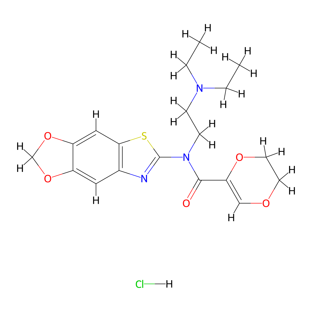 N-([1,3]dioxolo[4',5':4,5]benzo[1,2-d]thiazol-6-yl)-N-(2-(diethylamino)ethyl)-5,6-dihydro-1,4-dioxine-2-carboxamide hydrochloride molecular structure, CAS 1052534-84-5