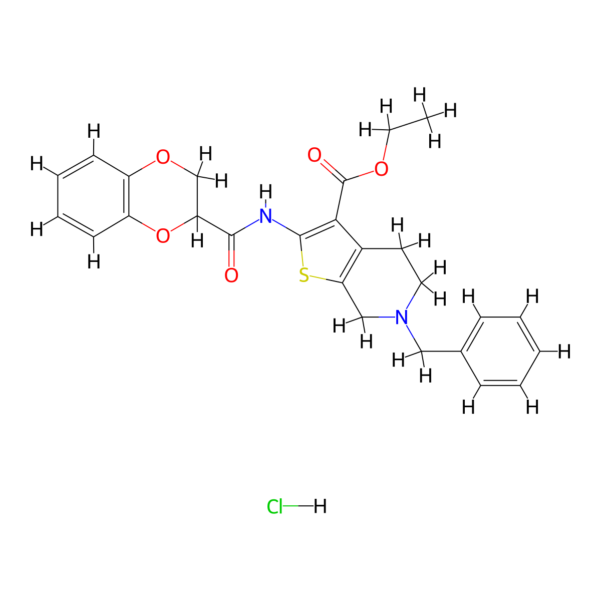 Ethyl 6-benzyl-2-(2,3-dihydrobenzo[b][1,4]dioxine-2-carboxamido)-4,5,6,7-tetrahydrothieno[2,3-c]pyridine-3-carboxylate hydrochloride molecular structure, CAS 1052534-87-8