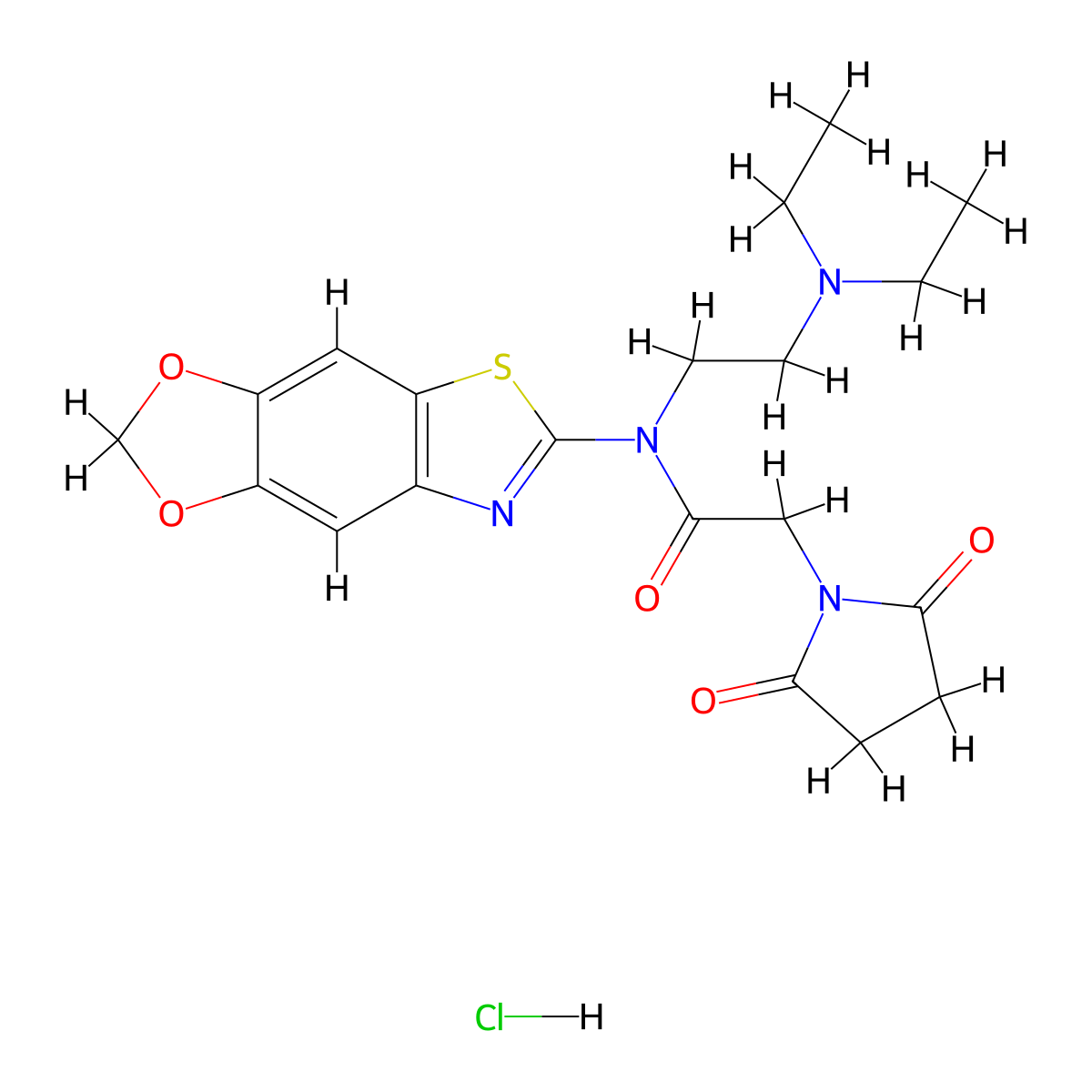 N-([1,3]dioxolo[4',5':4,5]benzo[1,2-d]thiazol-6-yl)-N-(2-(diethylamino)ethyl)-2-(2,5-dioxopyrrolidin-1-yl)acetamide hydrochloride molecular structure, CAS 1052537-05-9