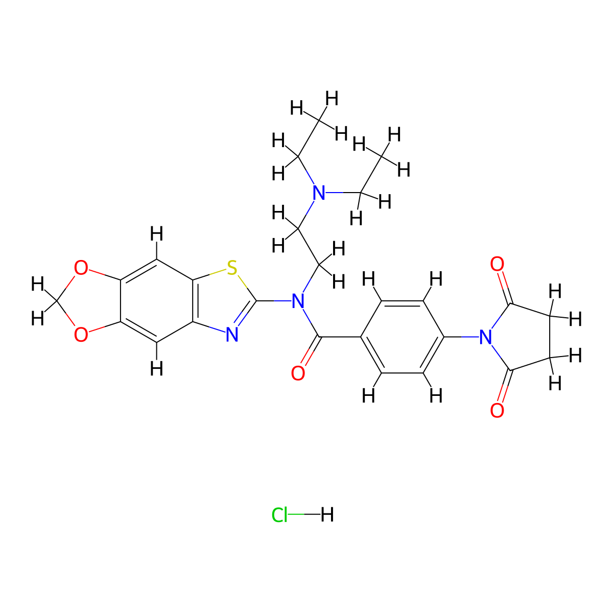 N-([1,3]dioxolo[4',5':4,5]benzo[1,2-d]thiazol-6-yl)-N-(2-(diethylamino)ethyl)-4-(2,5-dioxopyrrolidin-1-yl)benzamide hydrochloride molecular structure, CAS 1052537-76-4