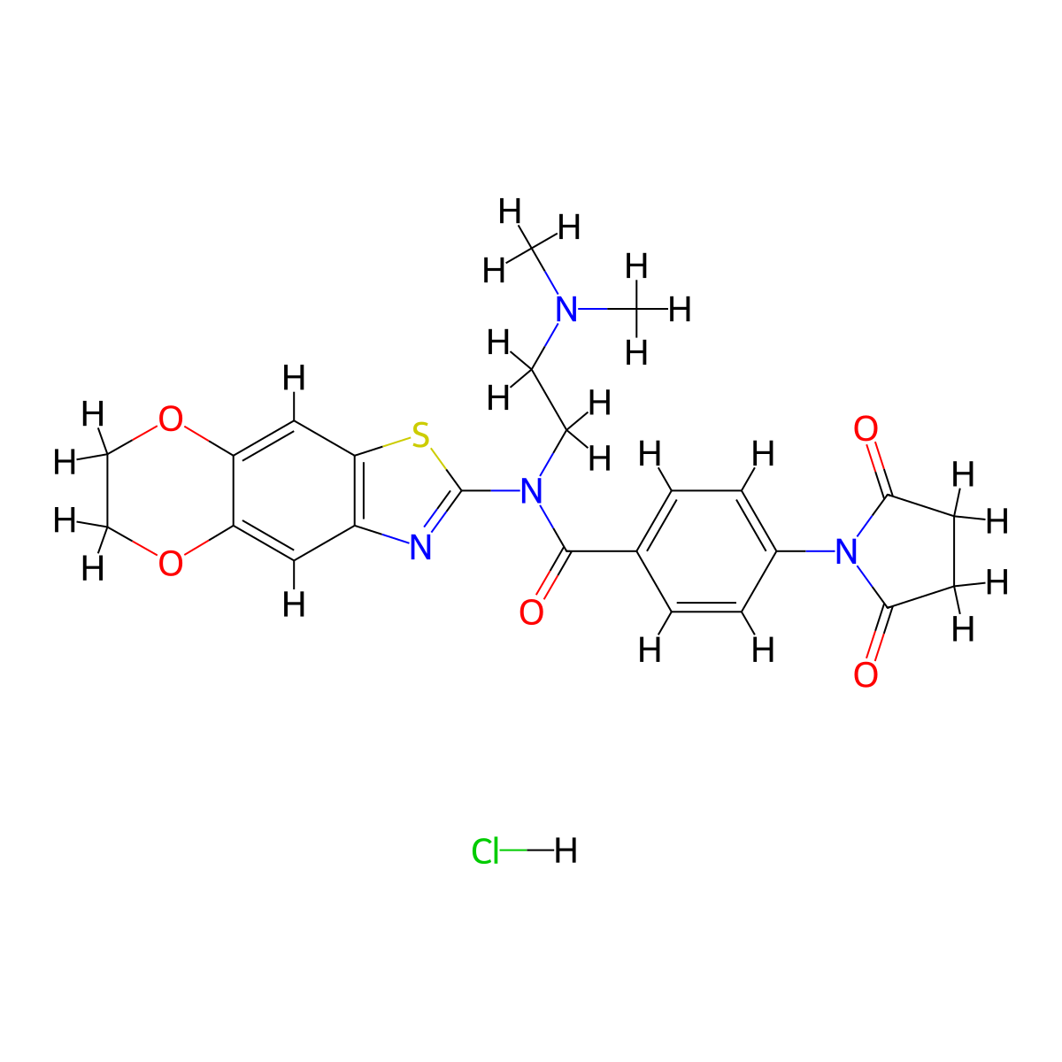 N-(6,7-dihydro-[1,4]dioxino[2',3':4,5]benzo[1,2-d]thiazol-2-yl)-N-(2-(dimethylamino)ethyl)-4-(2,5-dioxopyrrolidin-1-yl)benzamide hydrochloride molecular structure, CAS 1052538-21-2