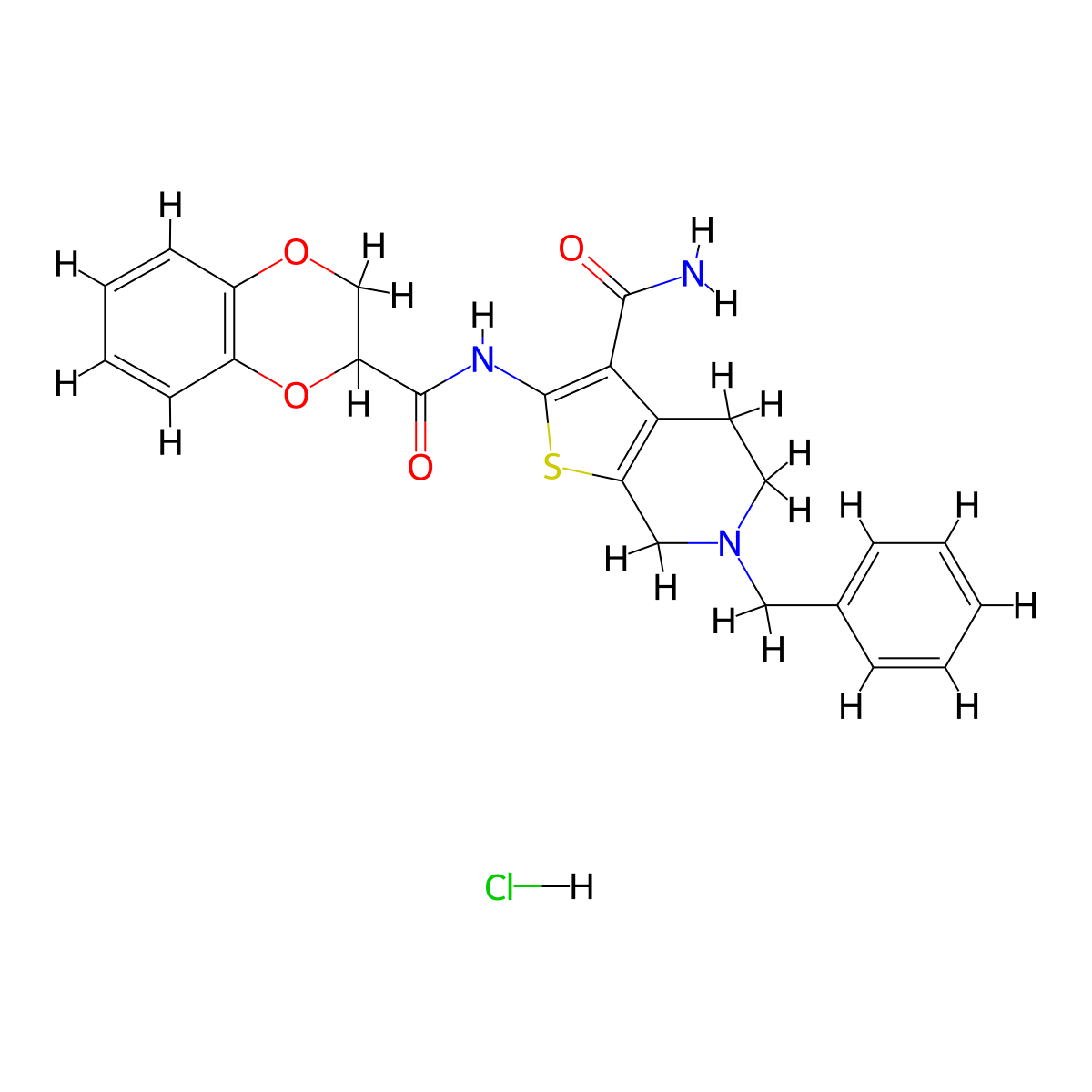 6-Benzyl-2-(2,3-dihydrobenzo[b][1,4]dioxine-2-carboxamido)-4,5,6,7-tetrahydrothieno[2,3-c]pyridine-3-carboxamide hydrochloride molecular structure, CAS 1052538-75-6