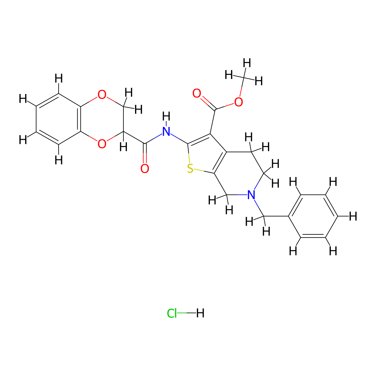 Methyl 6-benzyl-2-(2,3-dihydrobenzo[b][1,4]dioxine-2-carboxamido)-4,5,6,7-tetrahydrothieno[2,3-c]pyridine-3-carboxylate hydrochloride molecular structure, CAS 1052539-27-1