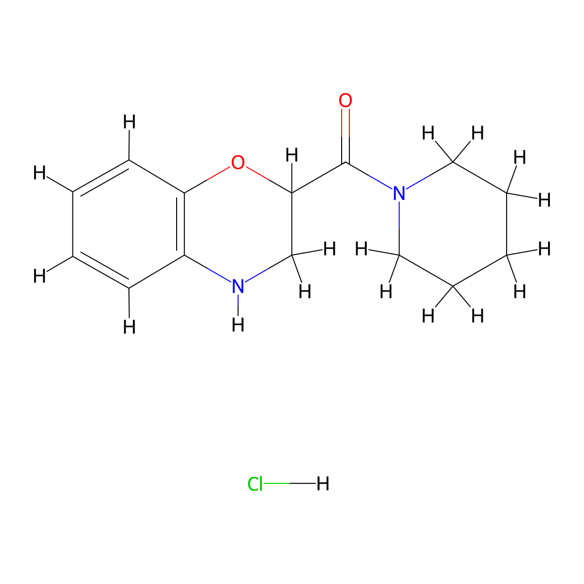 2-(piperidin-1-ylcarbonyl)-3,4-dihydro-2H-1,4-benzoxazine hydrochloride molecular structure, CAS 1052543-19-7