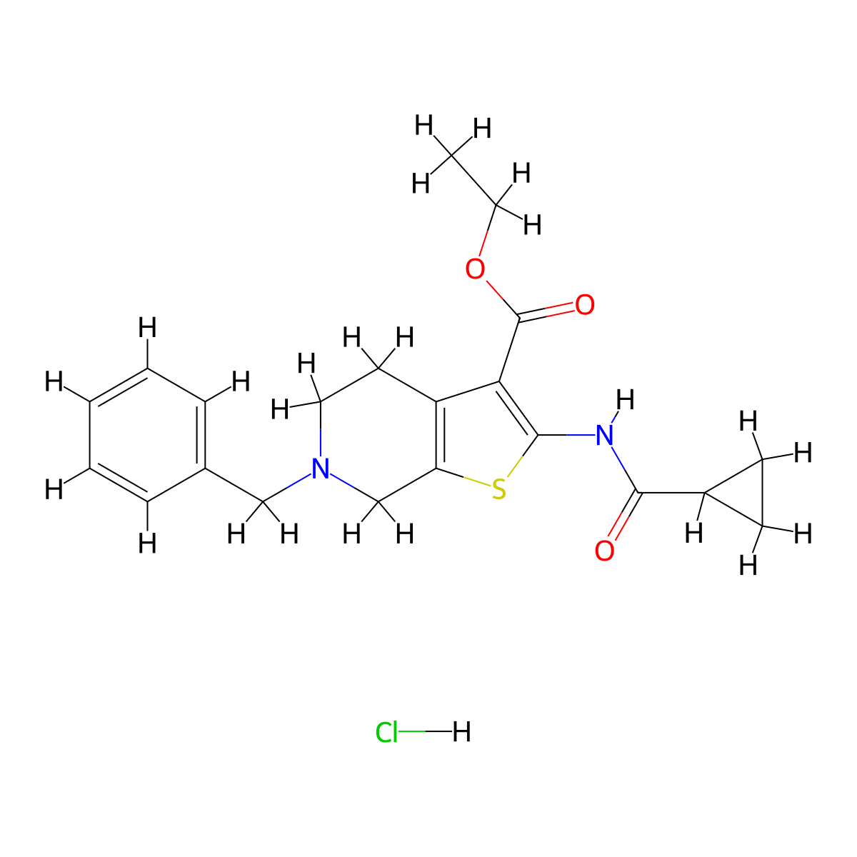 Ethyl 6-benzyl-2-(cyclopropanecarboxamido)-4,5,6,7-tetrahydrothieno[2,3-c]pyridine-3-carboxylate hydrochloride molecular structure, CAS 1052544-09-8