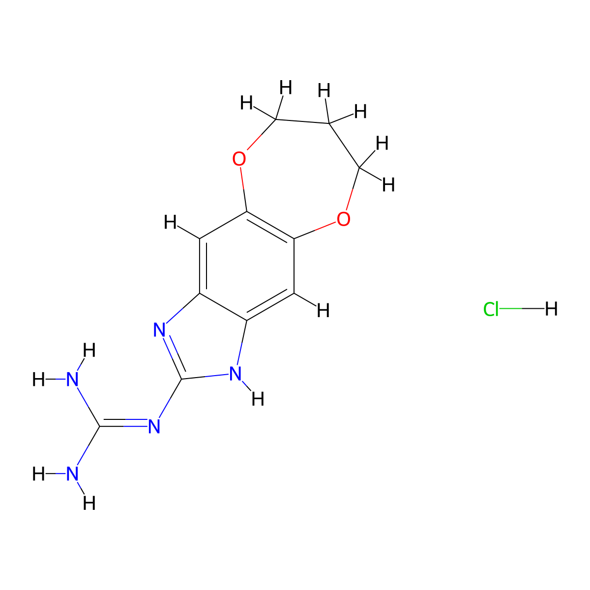 N''-(10,14-dioxa-4,6-diazatricyclo(7.5.0.0,3,7)tetradeca-1(9),2,4,7-tetraen-5-yl)guanidine hydrochloride molecular structure, CAS 1052544-48-5
