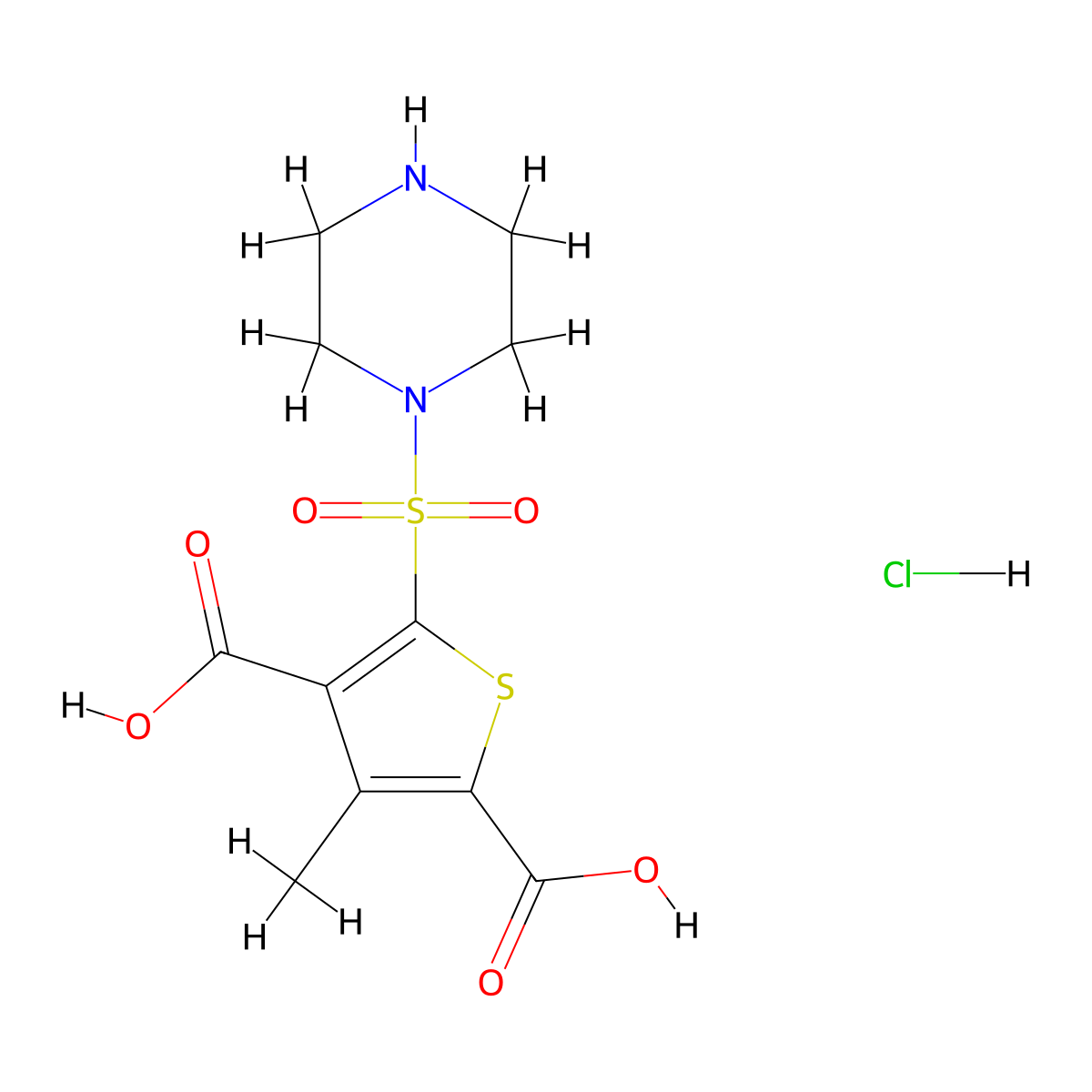 3-Methyl-5-(piperazine-1-sulfonyl)thiophene-2,4-dicarboxylic acid hydrochloride molecular structure, CAS 1052545-08-0