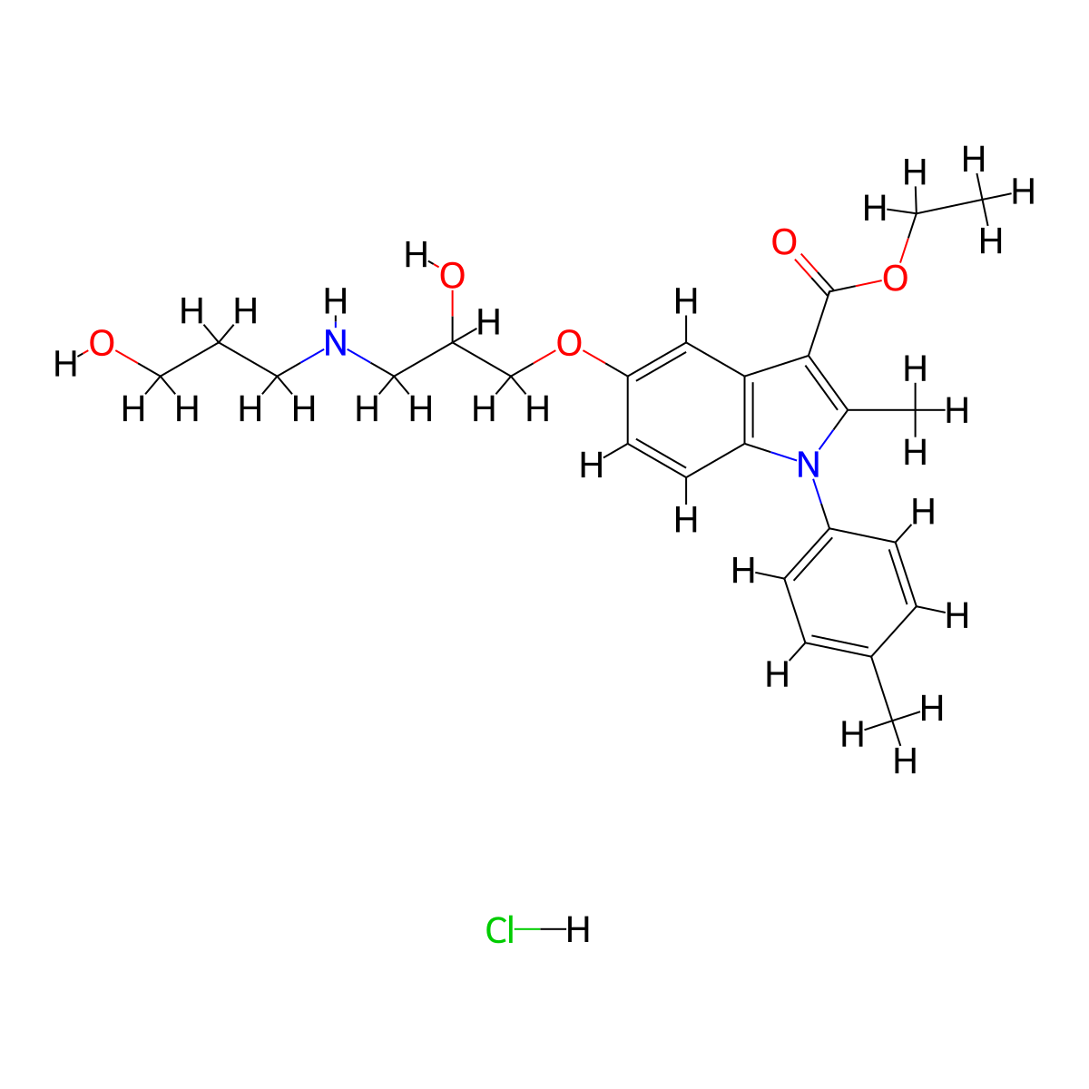 ethyl 5-(2-hydroxy-3-((3-hydroxypropyl)amino)propoxy)-2-methyl-1-(p-tolyl)-1H-indole-3-carboxylate hydrochloride molecular structure, CAS 1052546-44-7
