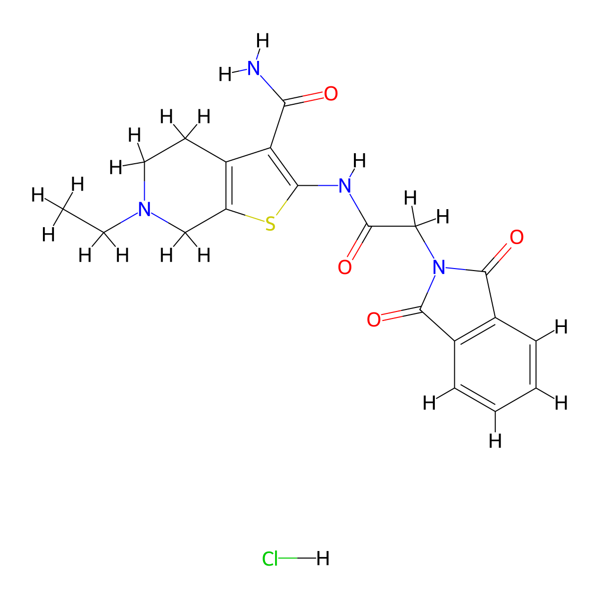 2-(2-(1,3-Dioxoisoindolin-2-yl)acetamido)-6-ethyl-4,5,6,7-tetrahydrothieno[2,3-c]pyridine-3-carboxamide hydrochloride molecular structure, CAS 1052547-19-9