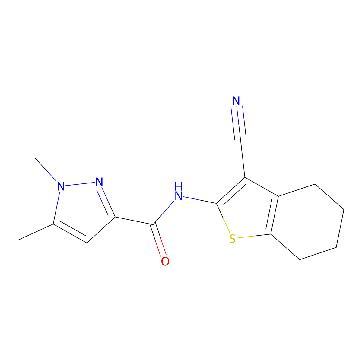 N-(3-cyano-4,5,6,7-tetrahydrobenzo[b]thiophen-2-yl)-1,5-dimethyl-1H-pyrazole-3-carboxamide molecular structure, CAS 1052548-18-1