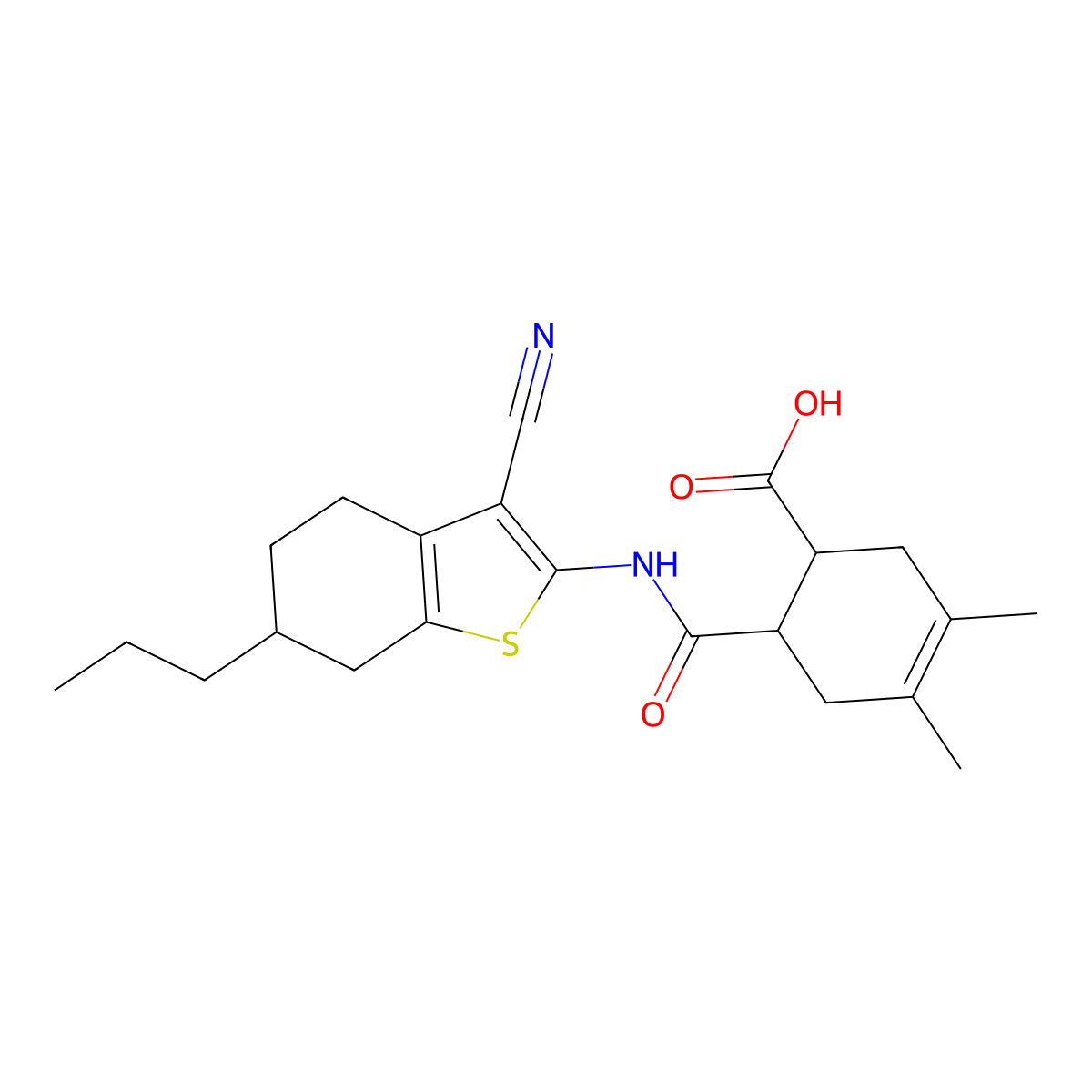 6-[(3-Cyano-6-propyl-4,5,6,7-tetrahydro-1-benzothiophen-2-yl)carbamoyl]-3,4-dimethylcyclohex-3-ene-1-carboxylic acid molecular structure, CAS 1052552-45-0