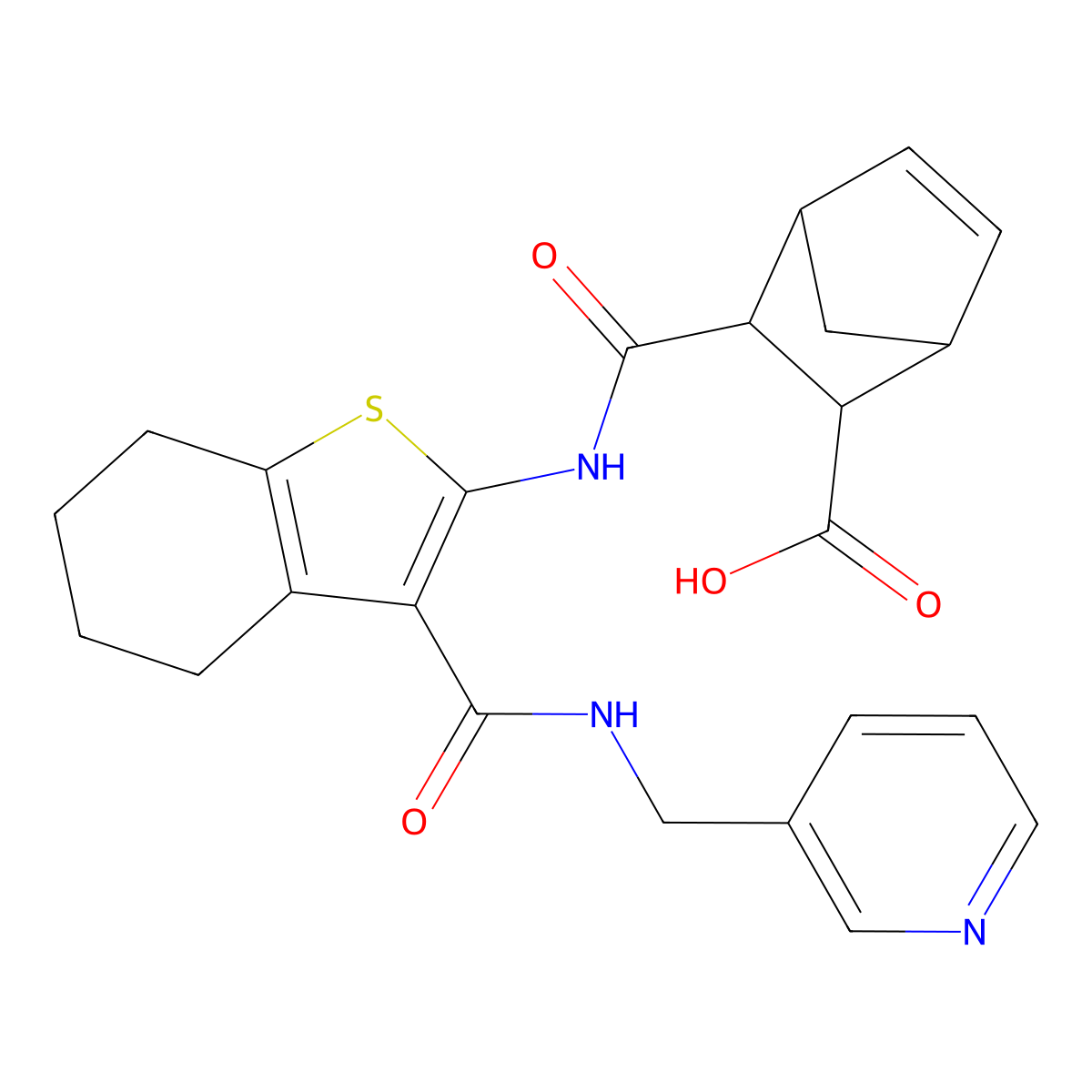 3-(N-{3-[N-(3-pyridylmethyl)carbamoyl]-4,5,6,7-tetrahydrobenzo[b]thiophen-2-yl}carbamoyl)bicyclo[2.2.1]hept-5-ene-2-carboxylic acid molecular structure, CAS 1052553-92-0